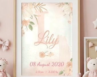 May include: A framed wall print featuring a large pale pink letter L, the name Lily in cursive script, and the birth details 08 August 2020, 2.13 pm, and 3.230 kg. The design includes watercolor-style peach flowers and green leaves on a soft background.