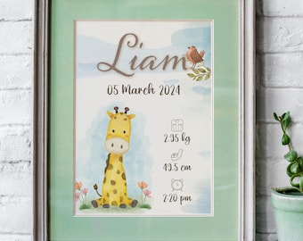 May include: A framed nursery print featuring a watercolor giraffe, a small bird, and the name Liam with the date 05 March 2024. The print displays birth statistics including 2.95 kg, 49.5 cm, and 2:20 pm, accompanied by icons of a scale, ruler, and clock.