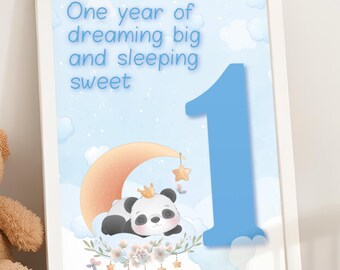 May include: A framed wall print featuring a light blue background with white clouds and the text One year of dreaming big and sleeping sweet. A large blue number one sits beside a panda wearing a gold crown, resting on a crescent moon.