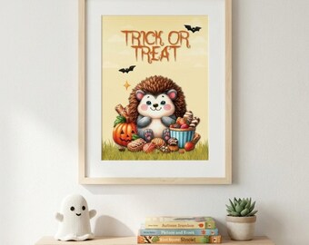 May include: A framed wall art print featuring a cute cartoon hedgehog sitting in grass with a jack-o'-lantern and a bucket of candy. The text TRICK OR TREAT is printed in orange above the hedgehog, with two small black bats flying nearby.