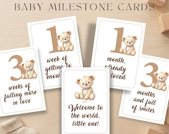 May include: A set of 16 printable baby milestone cards featuring brown teddy bear illustrations and text. The cards display various developmental milestones such as 1 week of getting to know you, 1 month already loved, 3 weeks of falling more in love, 3 months and full of smiles, and Day 1 Welcome to the world, little one.