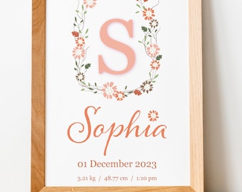 May include: A framed print featuring a large peach-colored letter S surrounded by a floral wreath. Below, the name Sophia is written in a cursive peach font, followed by the date 01 December 2023, and birth details: 3.21 kg, 48.77 cm, 1:10 pm.