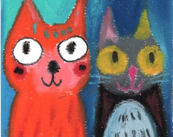 Jamboree and Jellybean + Cat Art Using Oil Pastels On Fine Paper