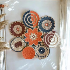Boho wall decor, Wall basket, Boho wall art, Bohemian wall decor, Hanger wall plate,Wicker round bowl, Handwoven boho basket, Wall decor set