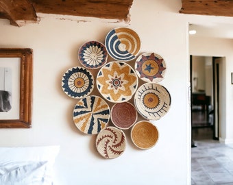 African Straw Wall Plate Set: Boho Bohemian Decor (15 Piece)