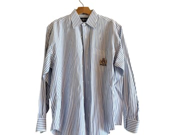 Camisa de mujer Ralph Lauren azul con rayas blancas y logo de escudo, con botones, talla 8.