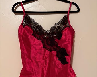 Vintage Victoria's Secret Gold Label Red Satin Black Lace Cami Tank Lingerie S