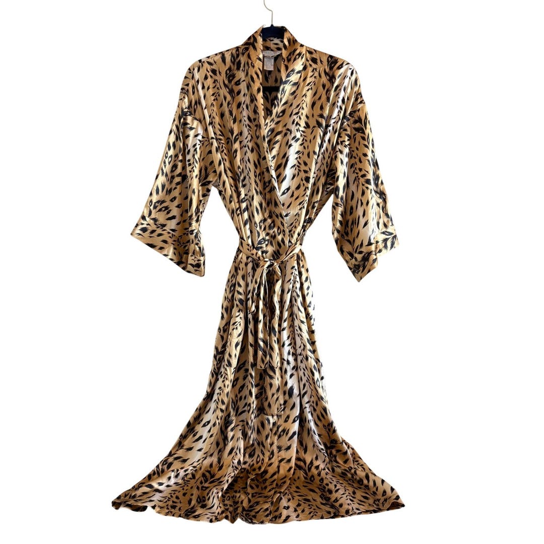 Y2K August Silk Intimates Gold Cheetah Animal Print Satin Long Kimono ...
