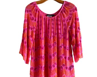 Antik Batik Pink Orange Beaded Silk Blouse 3/4 Sleeve Scalloped Hem Top Medium