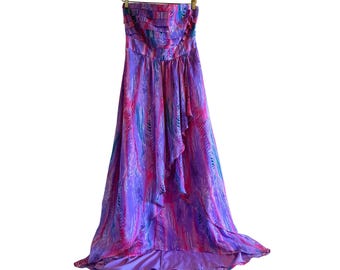Y2K 100% Silk  Purple Pink Electric Print Maxi Dress Gold Trim Tiered Gown SZ 8