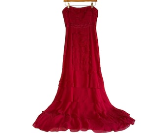BCBGMaxazria Red Silk Gown Strapless Ruffle Tiered Formal Dress Y2K 100% Silk