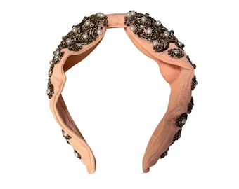 Baroque Beaded Knotted Turban Headband Gold Beadwork Y2K Statement Accessory
