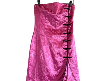 Ana Capri Vintage Y2K Pink Jacquard Strapless Mini Dress Frog Knots Large USA