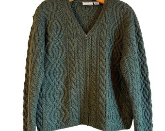 Preview International Forest Green Wool Cable Knit Full Zip Cardigan Sweater L