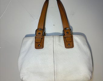 Coach White Pebbled Leather Soho Tote Bag Tan Buckle Shoulder Bag Large Purse