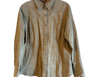 Eddie Bauer Authentic Seattle Washable Suede Western Yoke Shirt Tan Snap Front L