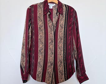 ALLISON TAYLOR Silk Baroque Button Down Long Sleeve Women's Blouse Vintage SZ M