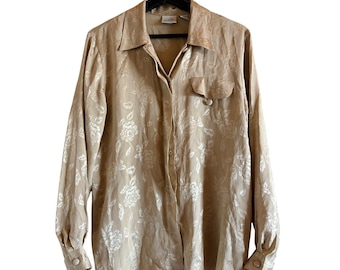 80s Jacqueline Ferrar Champagne 100% Silk Floral Jacquard Blouse Vintage SZ S