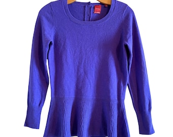 Y2K Saks Fifth Avenue RÖD Lila 100% Kashmir Peplum Tröja Med Knappar Baktill Liten