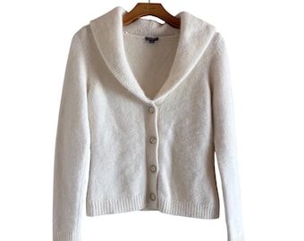 Y2K 90s ANN TAYLOR Angora Cream Shawl Collar Button Front Cardigan Sweater MP