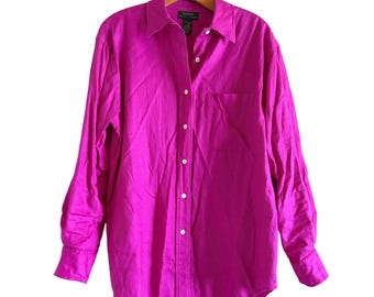 Lauren Ralph Lauren Fuchsia Pink 100% Linen Button Down Shirt Womens Size 10