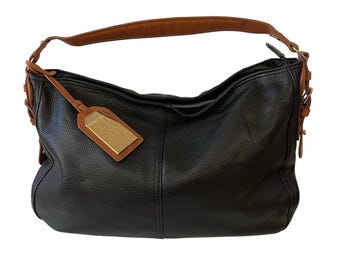 Bolso de hombro hobo de cuero negro Y2K Lauren Ralph Lauren con ribete en color canela y herrajes dorados