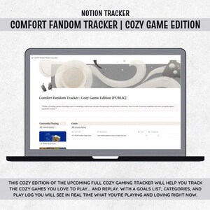 Può includere: Un laptop mostra un tracker Notion intitolato "Comfort Fandom Tracker | Cozy Game Edition." Lo schermo mostra una pagina web con una grafica di intestazione e sezioni per "Currently Playing" e "Goals." Il testo in basso descrive le funzionalità del tracker.