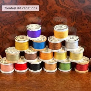 May include: A collection of colorful spools of thread, stacked in a pyramid formation. The spools are made of wood and contain various shades of thread, including purple, yellow, blue, and green. The text "Create/Edit variations" is visible.