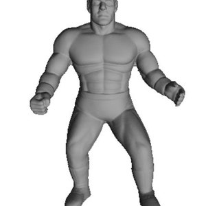 May include: A grayscale 3D-rendered figurine of a muscular male figure in a heroic pose. The figure has a defined physique, wearing what appears to be wrestling attire. The image is a studio shot with a plain white background.