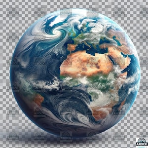 May include: A blue and green globe with clouds and continents. The globe is centered on Africa and Europe.