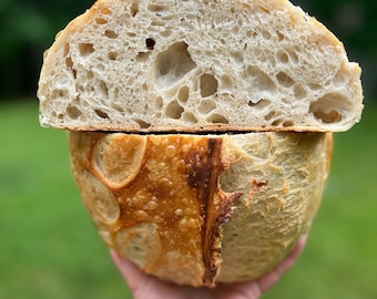 May include: A freshly baked sourdough bread loaf, sliced in half, revealing a light brown, airy crumb with large holes. The crust is a deep golden brown.