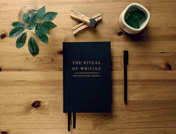 Guided Mindfulness Journal for Self Growth: The Ritual of Writing / 12-month undated daily journal with prompts / Black linen hardcover