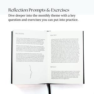May include: A black and white image of an open book with the text "Reflection Prompts & Exercises" on the cover. The book features a section titled "Dive Deeper" with text about solving problems and a section titled "Practice" with text about accepting imperfections. The book also features a section titled "Reflect" with text about the state of acceptance.