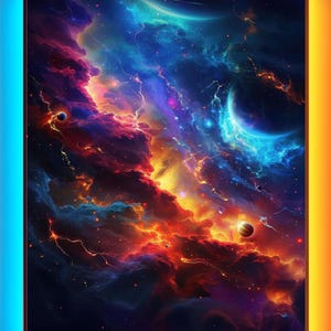Digitale muurkunst Cosmic Galaxy | Levendige ruimtenevelafdruk met planeten | Scène in het Sci-Fi-fantasie-universum | Decor direct downloaden