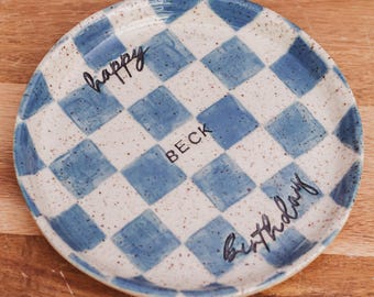 Handmade Ceramic Personalized Birthday Plate - Cake Slice/Cupcake Size | Made to Order | Checkers