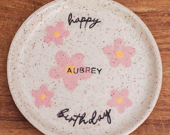 Handmade Ceramic Personalized Birthday Plate - Cupcake/Cake Slice or Smash Cake Size | Made to Order | Flowers