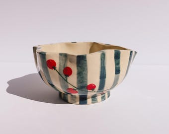 Handmade Ceramic Matcha Bowl with Spout | Tomato Girl Summer | Blue Stripes with Tomatoes and Scalloped Edge