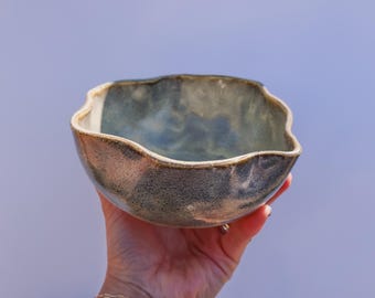 Handmade Ceramic Matcha Bowl with Spout | Stoned Denim Scalloped Edge