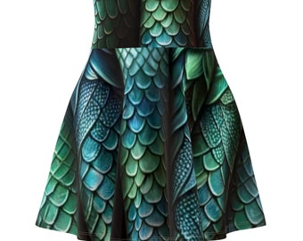 Dragon's Scale, Wyvern Scale, Blue, Green, Celestial, Dark Feminine, Witchy Skirt, Women's Skater Skirt