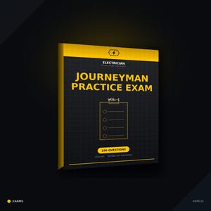 Può includere: Una copertina di libro digitale intitolata Journeyman Practice Exam Vol. 1, con uno sfondo a griglia nera e accenti gialli. Il testo include Electrician Exam Prep Academy, 100 Questions e 2023 NEC Instant PDF Download con un'icona a forma di fulmine.