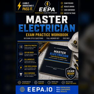 May include: A Master Electrician Exam Practice Workbook with a black cover, white and blue text, and a spiral binding. The workbook features 68 exam-style questions and a 2023 NEC reference. A white hard hat and tools are visible nearby.