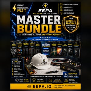 May include: A promotional graphic for the EEPA Electrician Exam Prep Academy Master Bundle. It features a white hard hat, a digital multimeter, a black pen, and a coil of electrical wire on blueprints, surrounded by various exam study guides.