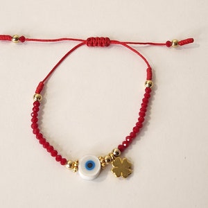 Handmade Lucky Charm Bracelet: Red Beads, Evil Eye, Shamrock