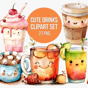 Watercolor Drinks Clipart | Kawaii Drinks PNG, Cute Tea, Hot Chocolate, Milkshake, Coffee, Juice, Smoothie, Water Clipart, Beverage Clipart