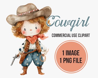 Watercolor Baby Cowgirl Clipart - Kawaii Nursery Art, Baby Shower or Sticker Design