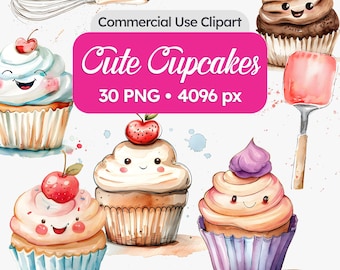Watercolor Cupcakes Clipart – Kawaii Dessert Illustrations for Stickers, Planners and Bakery Designs