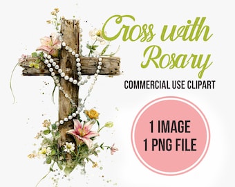 Watercolor Cross Rosary Clipart - Christian Faith Prayer Bible Journaling Graphics