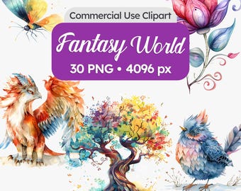 Watercolor Fantasy World Clipart – Magical Storybook Landscapes, Animals and Nature Elements