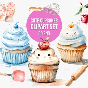 Clipart di cupcake ad acquerello / Clipart di cupcake gustosi, Clipart di cupcake carini e colorati, Forniture da cucina, Clipart di dessert, Clipart di prodotti da forno