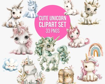 Cute Whimsical Unicorn Clipart Set, Nursery Decor Graphics, Instant Download